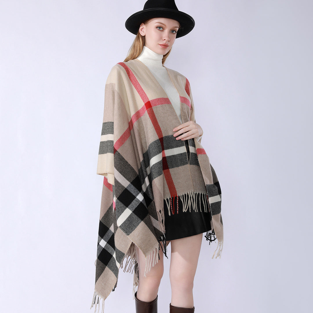 Damen Oversize-Poncho im Kaschmir‑Touch mit V‑Ausschnitt und Fransensaum Drune