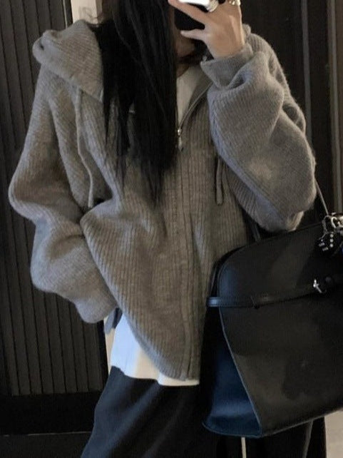 Damen Gemütlicher Strickhoodie mit großzügiger Kapuze und Reißverschluss Drune