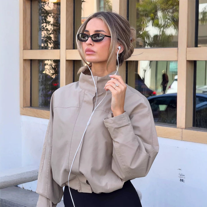 Damen Leichte Cropped-Utility-Jacke mit Stehkragen, verdeckter Knopfleiste und elastischem Saum Drune
