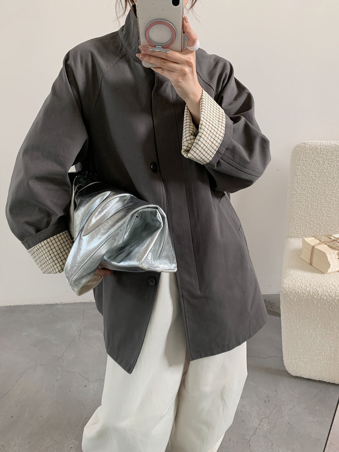 Damen Oversize-Mantel mit Stehkragen und kariertem Ärmelsaum Drune