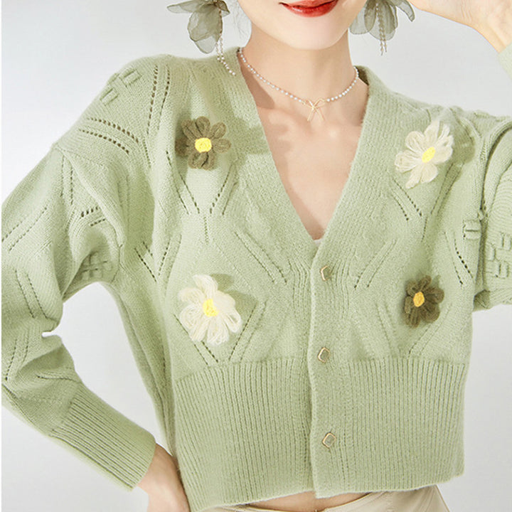 Damen Strickjacke mit floralen Applikationen und strukturiertem Design Drune