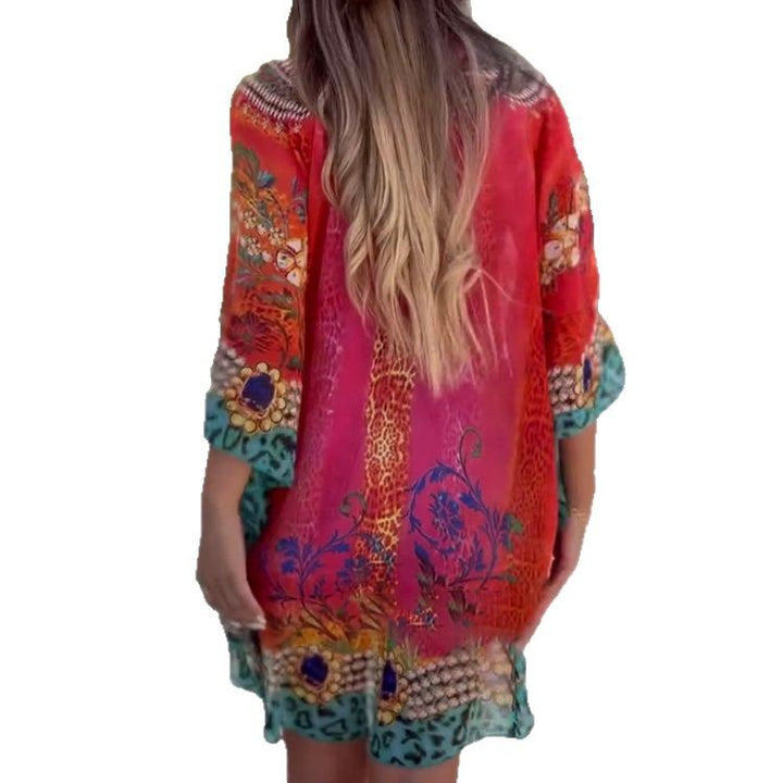 Damen Kaftan Kleid mit floralem Muster und weit geschnittenen Ärmeln Drune