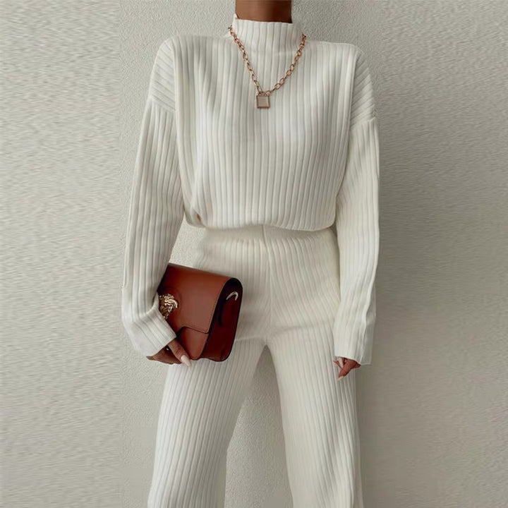 Damen Strick-Loungewear-Set mit hohem Kragen und weitem Bein Drune