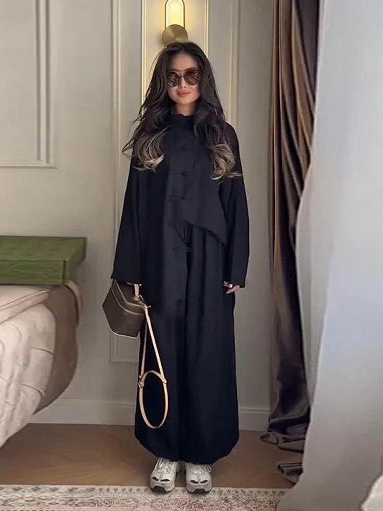 Damen Zweiteiliges Oversize Lounge‑Set mit Stehkragen und dekorativen Knotenverschlüssen Drune