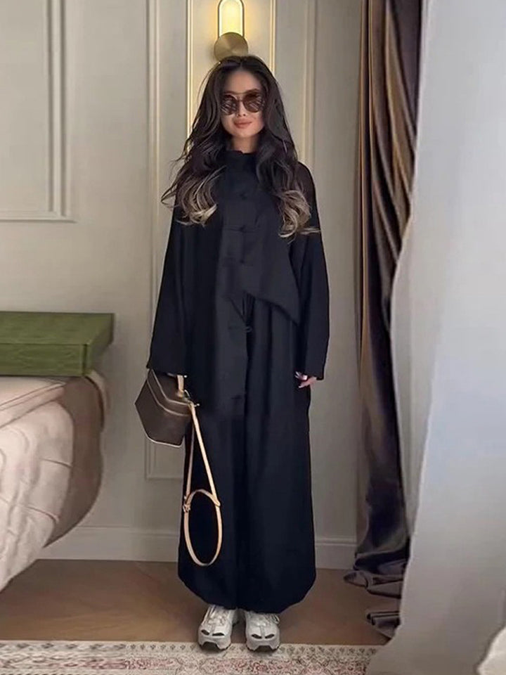 Damen Zweiteiliges Oversize Lounge‑Set mit Stehkragen und dekorativen Knotenverschlüssen Drune