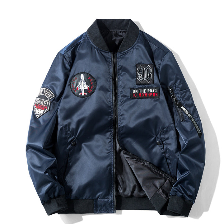 Men's  pilot-style embroidered patch utility bomber jacket with angled welt pockets and zip sleeve pocket Drune