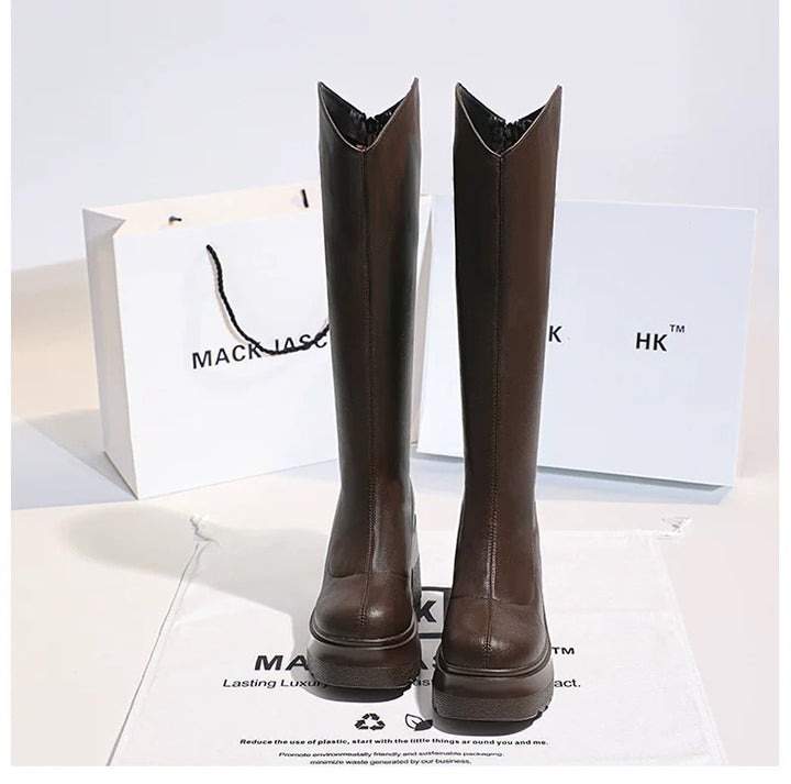Damen modische Overknee-Stiefel mit robustem Blockabsatz und flexiblem Sohlenprofil Drune