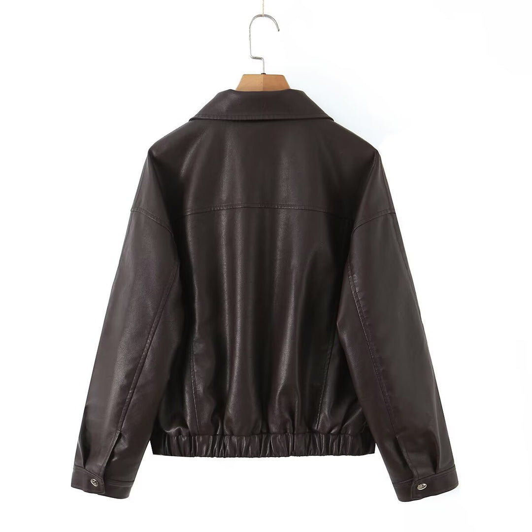 Damen Oversized Kunstlederjacke im Bomberstil mit Pattentaschen und asymmetrischem Reißverschluss Drune