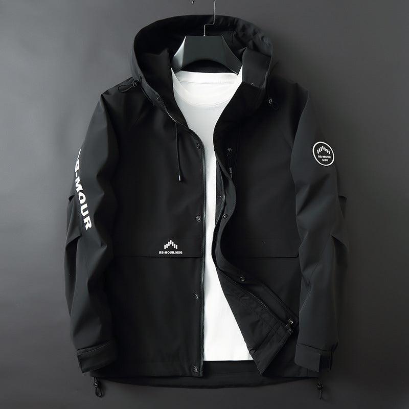 Herren Sportive Softshell-Fieldjacke mit Kapuze, verdecktem Reißverschluss und Logo-Details Drune