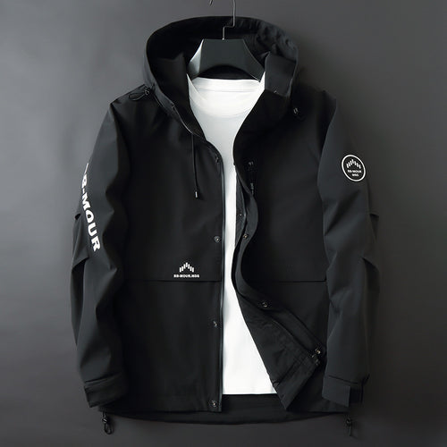 Herren Sportive Softshell-Fieldjacke mit Kapuze, verdecktem Reißverschluss und Logo-Details Drune