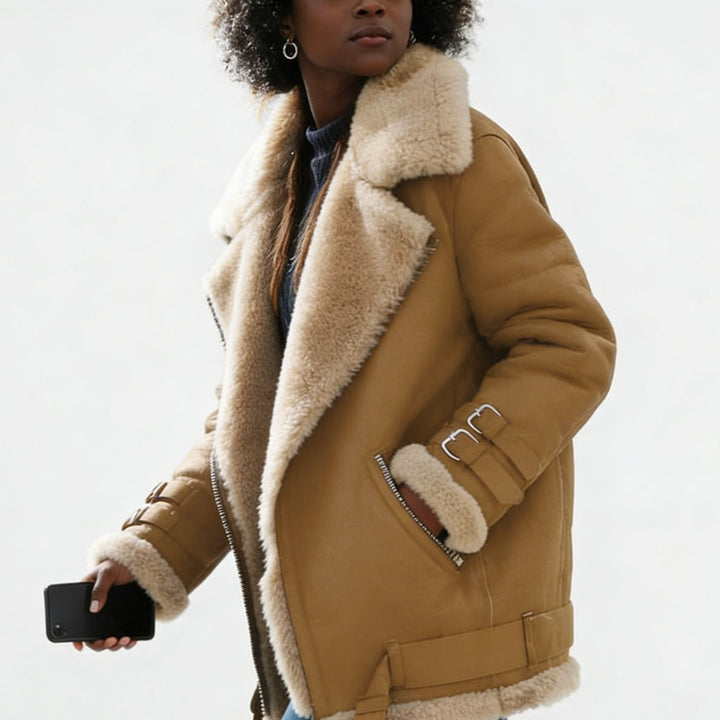 Damen Kurze Fliegerjacke mit Teddyfutter, weichem Lammfellkragen und Reißverschluss Drune