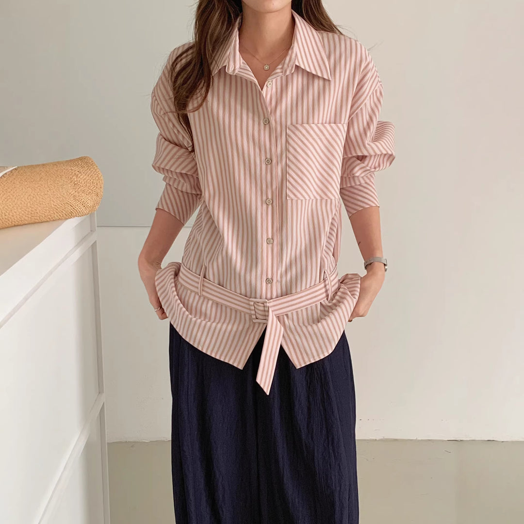 Damen Elegante gestreifte Bluse mit Gürtel Drune