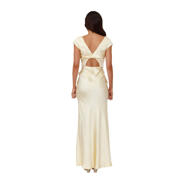 Damen Elegantes Maxikleid mit tiefem V-Ausschnitt und fließendem Satin-Stoff Drune