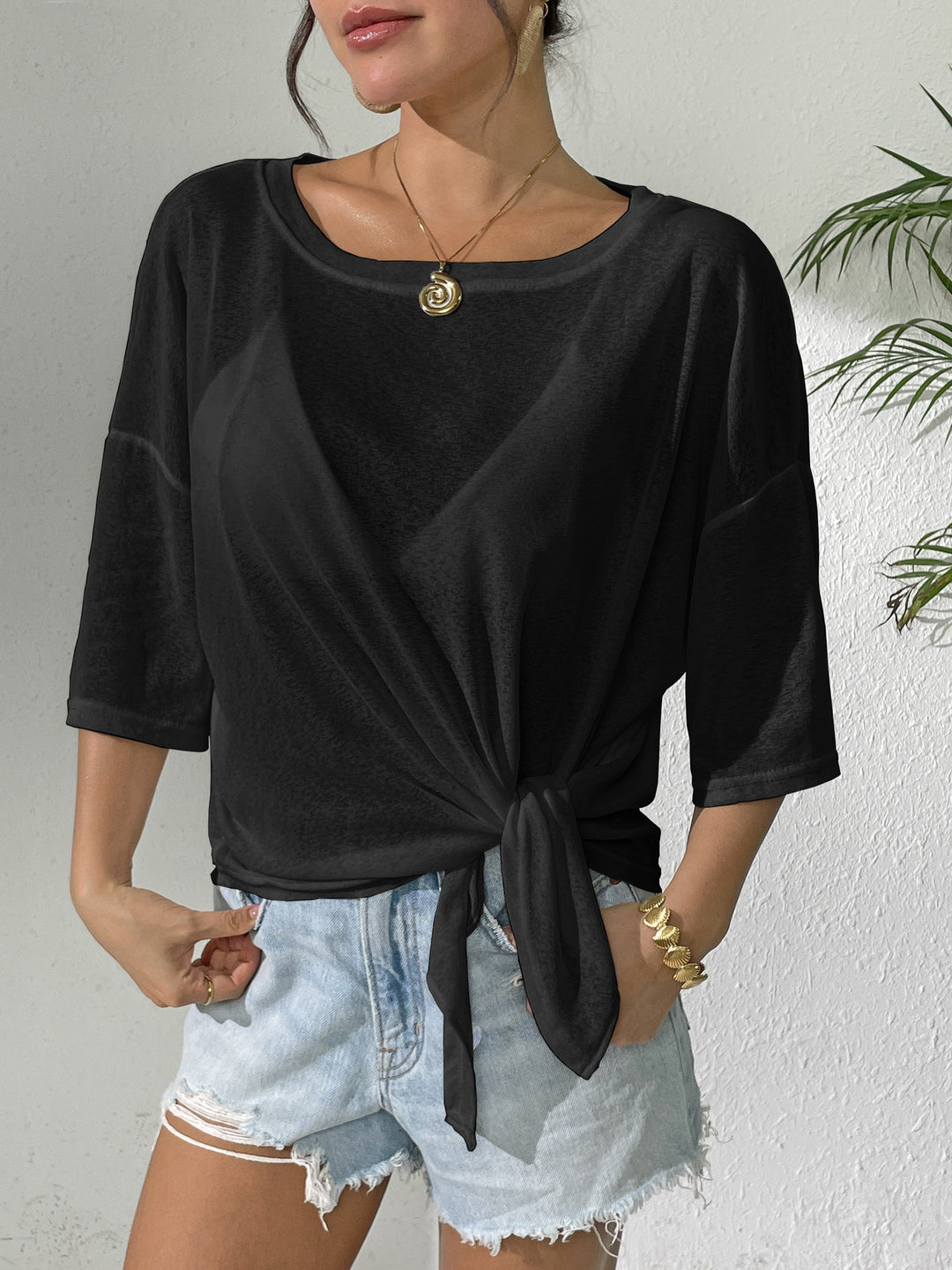 Damen lässiges Oberteil mit floralem Design und seitlichem Knoten Drune