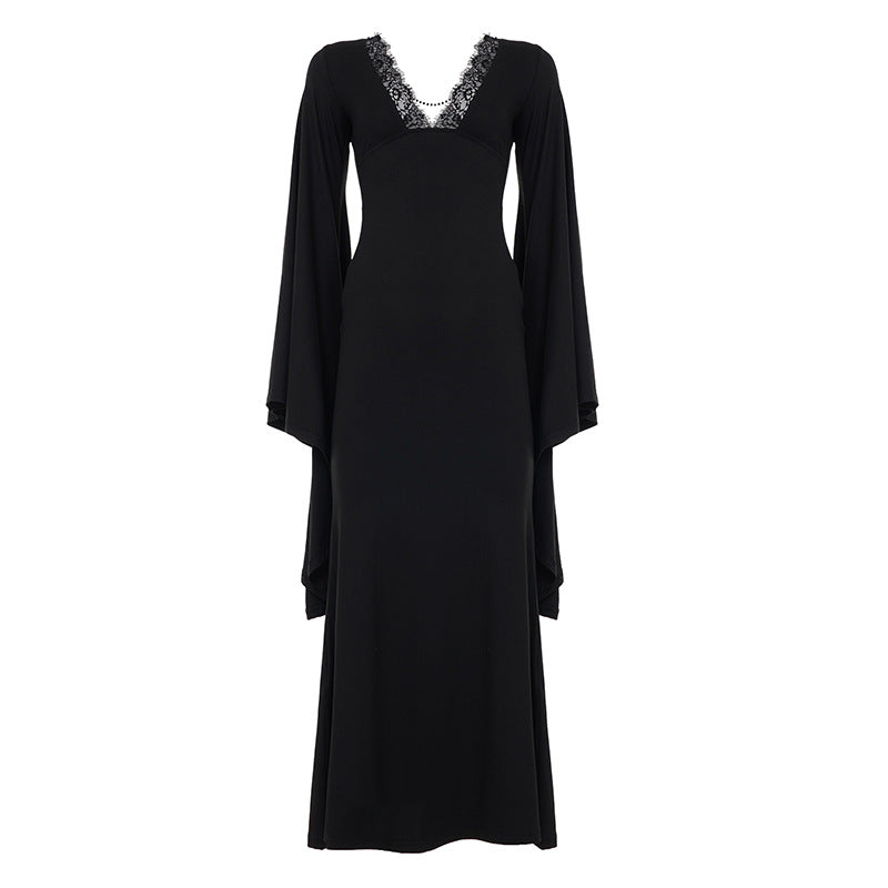 Damen Maxikleid mit tiefem V-Ausschnitt, Spitzenbesatz und dramatischen Wasserfallärmeln Drune