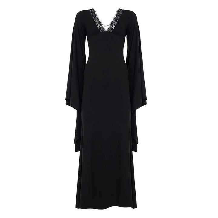 Damen Maxikleid mit tiefem V-Ausschnitt, Spitzenbesatz und dramatischen Wasserfallärmeln Drune
