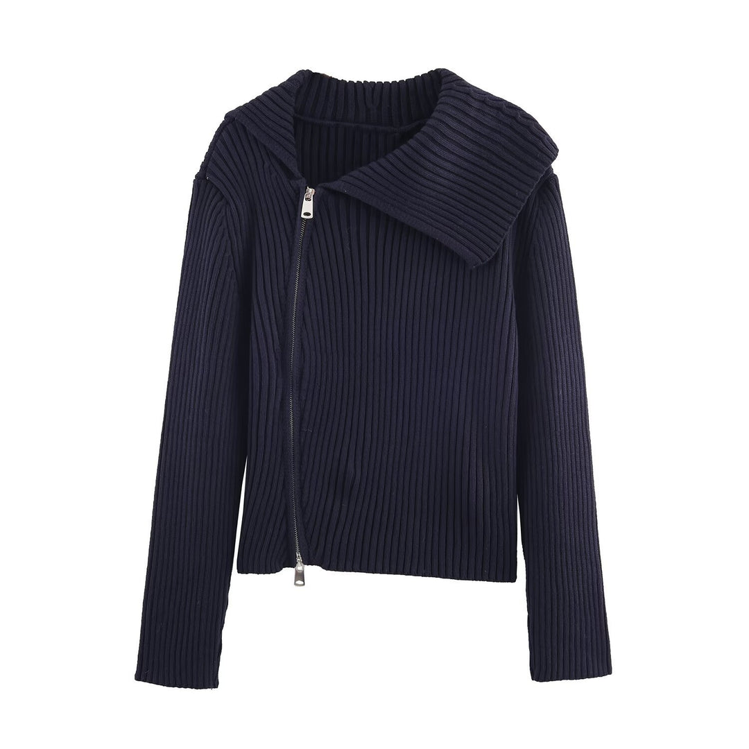 Damen modische Strickjacke mit breitem Kragen und asymmetrischem Reißverschluss Drune