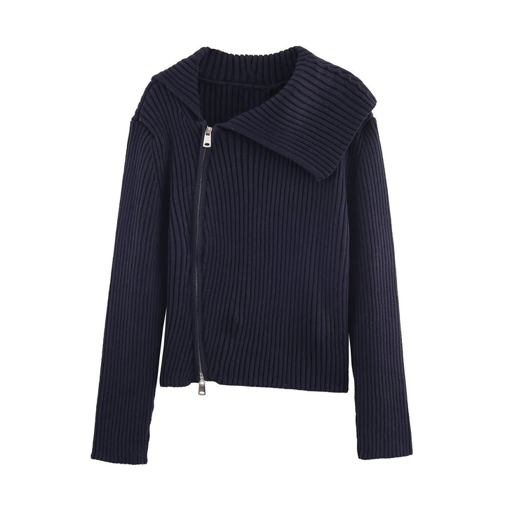 Damen modische Strickjacke mit breitem Kragen und asymmetrischem Reißverschluss Drune
