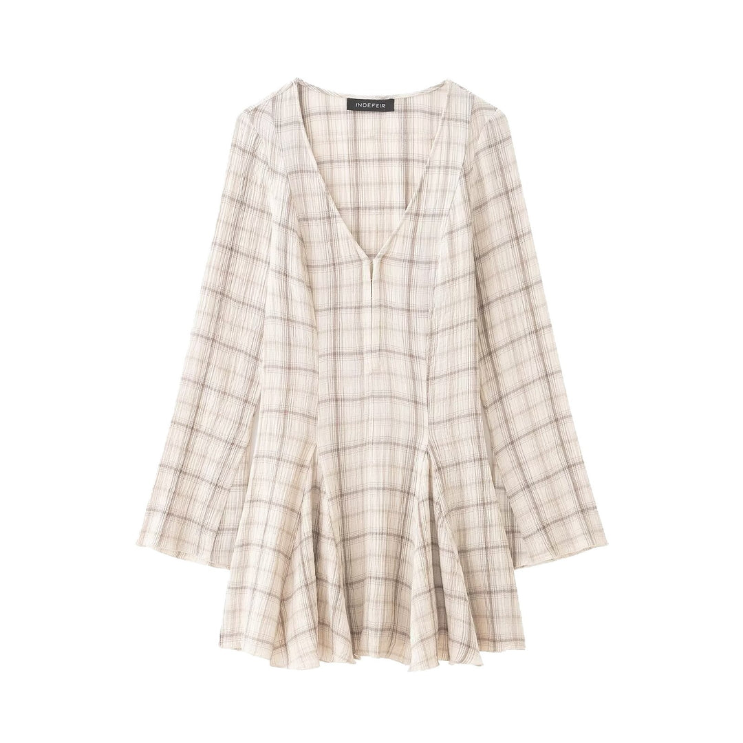 Damen Leichtes V‑Ausschnitt Midikleid mit Karomuster, tailliertem Godet‑Rock und Crinkle‑Struktur Drune