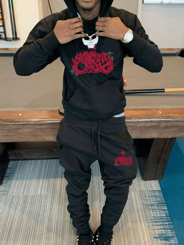 Herren Kapuzenpullover und Jogginghose Set mit künstlerischem Druck und lässigen Details Drune