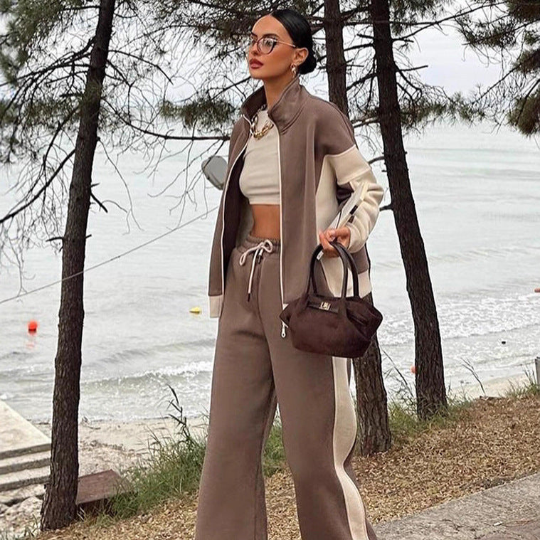 Damen athletisches Zweiteiler-Set aus strukturiertem Sweatstoff mit gekürzter Reißverschlussjacke und hochgeschnittener Jogginghose mit weitem Beinverlauf Drune