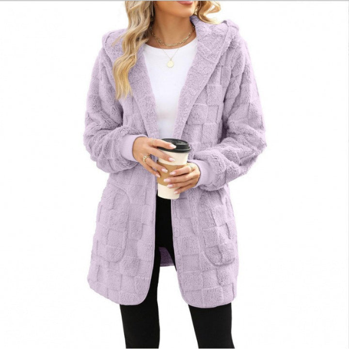 Damen nan kuschelige Kapuzen-Longjacke aus Teddyfleece mit aufgesetzten Taschen und strukturierter Karooptik Drune
