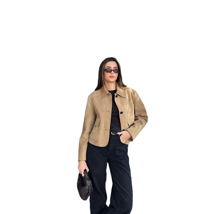 Damen nan cropped Wildlederoptik Jacke mit Hemdkragen und großen aufgesetzten Taschen Drune
