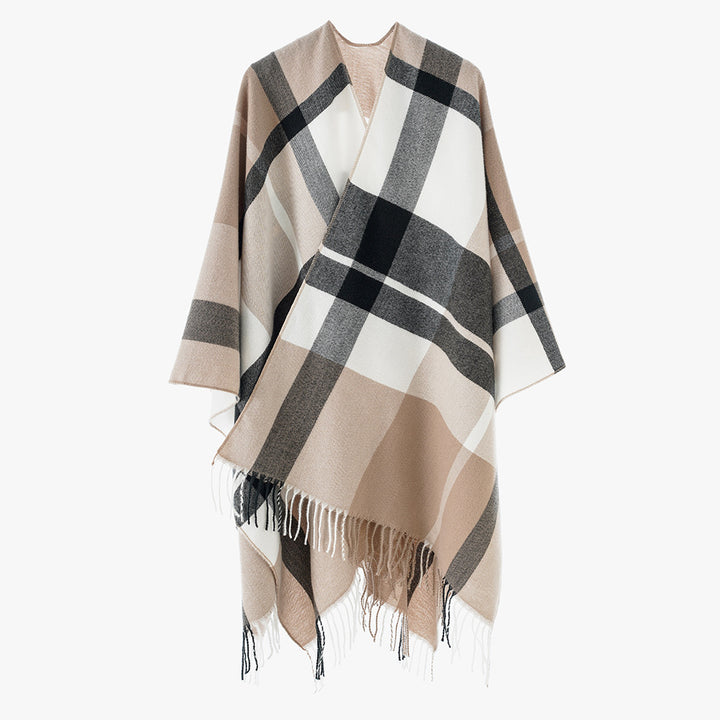 Damen Oversize-Karoponcho aus weichem Wollmix mit Fransensaum Drune