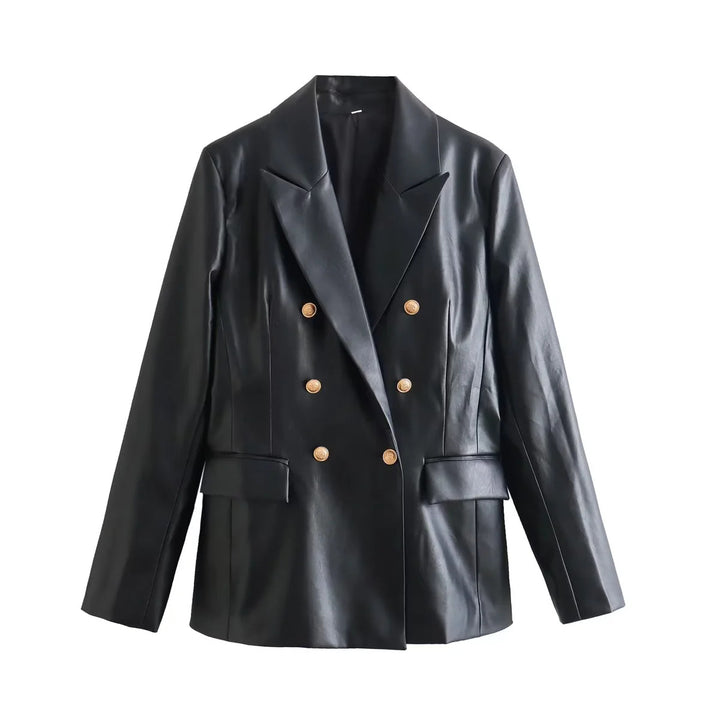 Damen nan taillierter Doppelreiher-Blazer aus veganem Lederimitat mit Schalkragen Drune