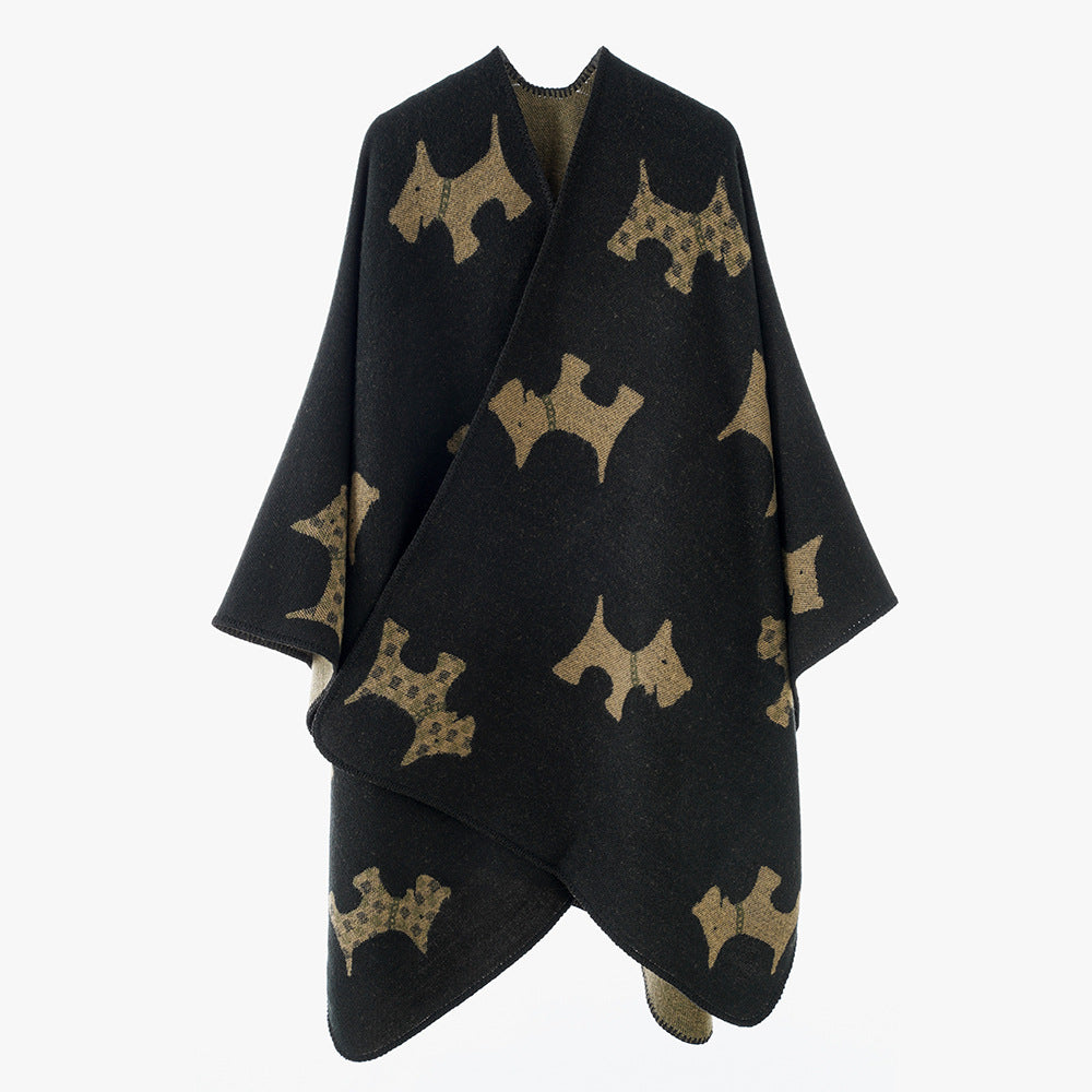 Damen Strickcapeponcho aus Wollmix mit Jacquard-Hundemotiv Drune