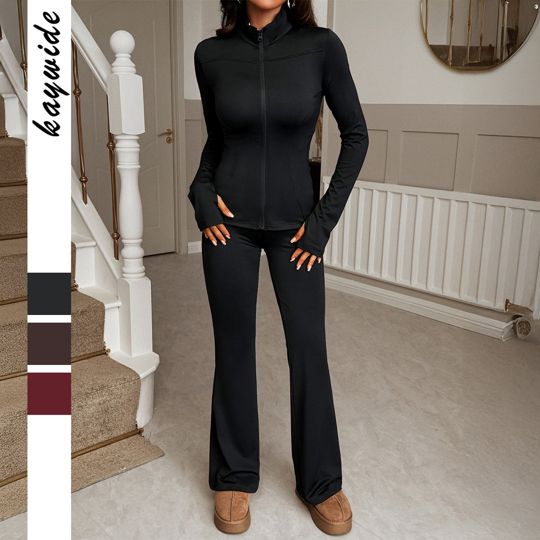Damen nan figurbetontes Stretch-Joggingset mit taillierter Reißverschluss-Jacke und ausgestellter Schlaghose Drune