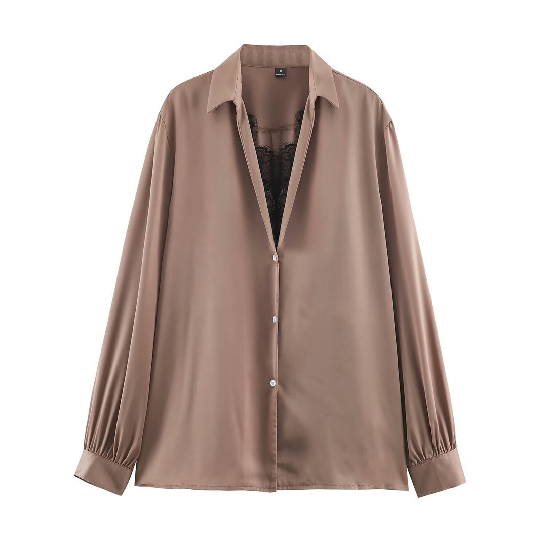 Damen Seidige Oversize-Bluse mit Spitzeneinsatz und Hemdkragen Drune