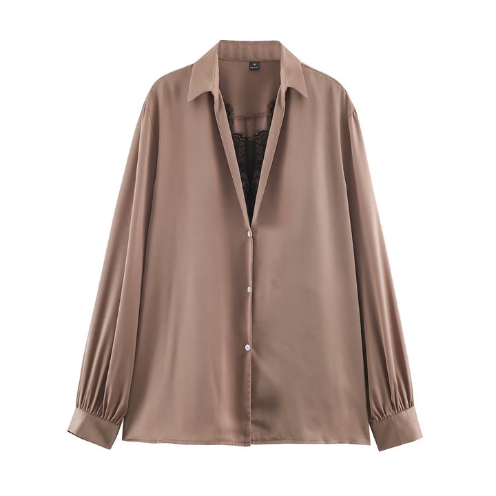 Damen Seidige Oversize-Bluse mit Spitzeneinsatz und Hemdkragen Drune