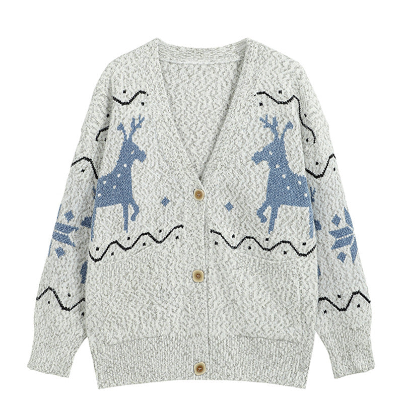 Damen Gemütlicher Cardigan mit Rentier-Motiv und Taschen Drune