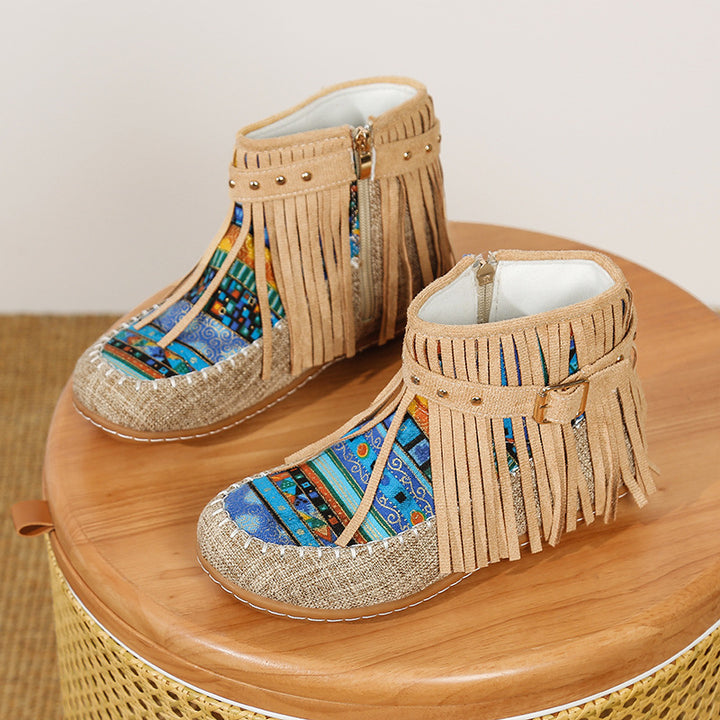 Damen Fransen-Short-Boots aus hochwertigem Stoff mit buntem Ethno-Muster Drune
