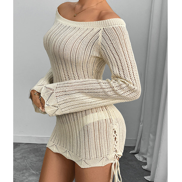 Damen Strickkleid mit offener Schulter und Schlitzdetails Drune