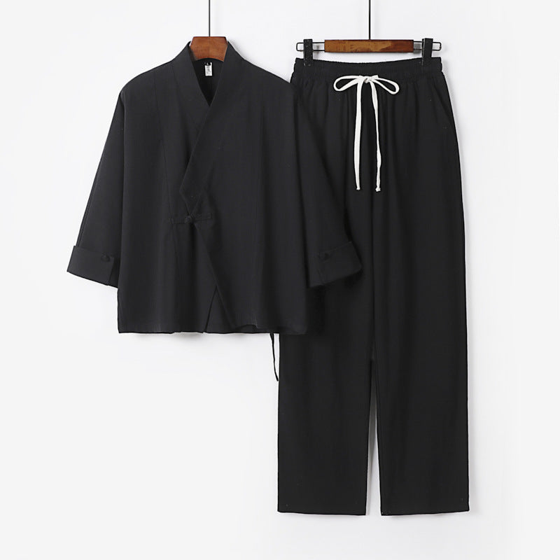 Unisex Leichtes Zen-Lounge-Set im Kimono-Stil mit überschnittener Schulter verdeckter Knotenleiste und elastischer Tunnelzughose Drune