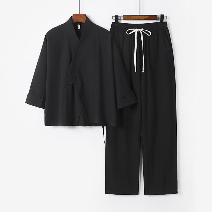 Unisex Leichtes Zen-Lounge-Set im Kimono-Stil mit überschnittener Schulter verdeckter Knotenleiste und elastischer Tunnelzughose Drune