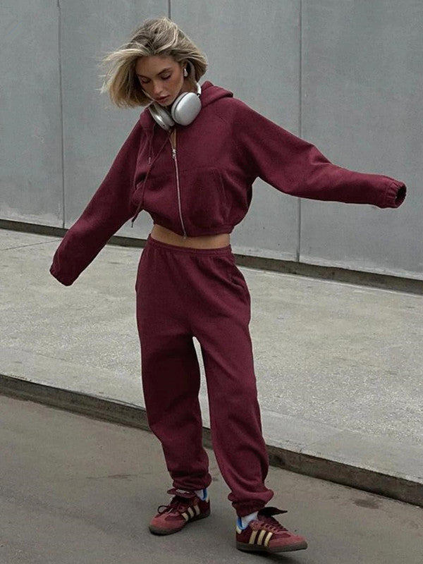 Damen Sportliches Hoodie-Set mit hohem Kragen und bequemen Hosen Drune