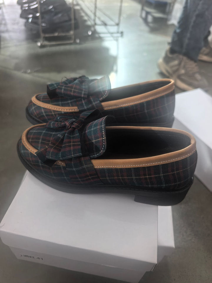 Damen Loafer mit Karo‑Muster und Schleifenapplikation Drune