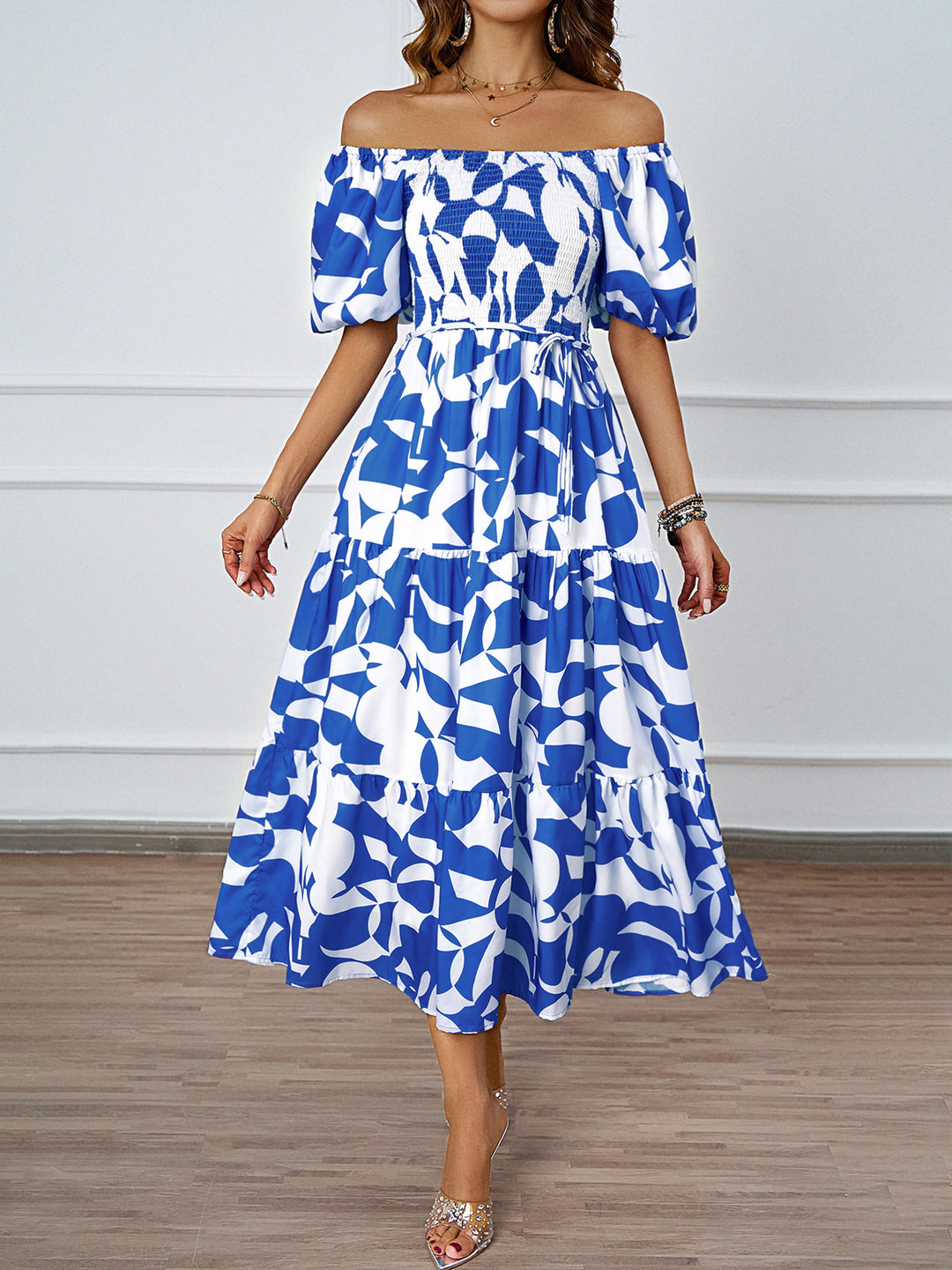 Damen Off-Shoulder Maxikleid mit voluminösen Ärmeln und print Drune