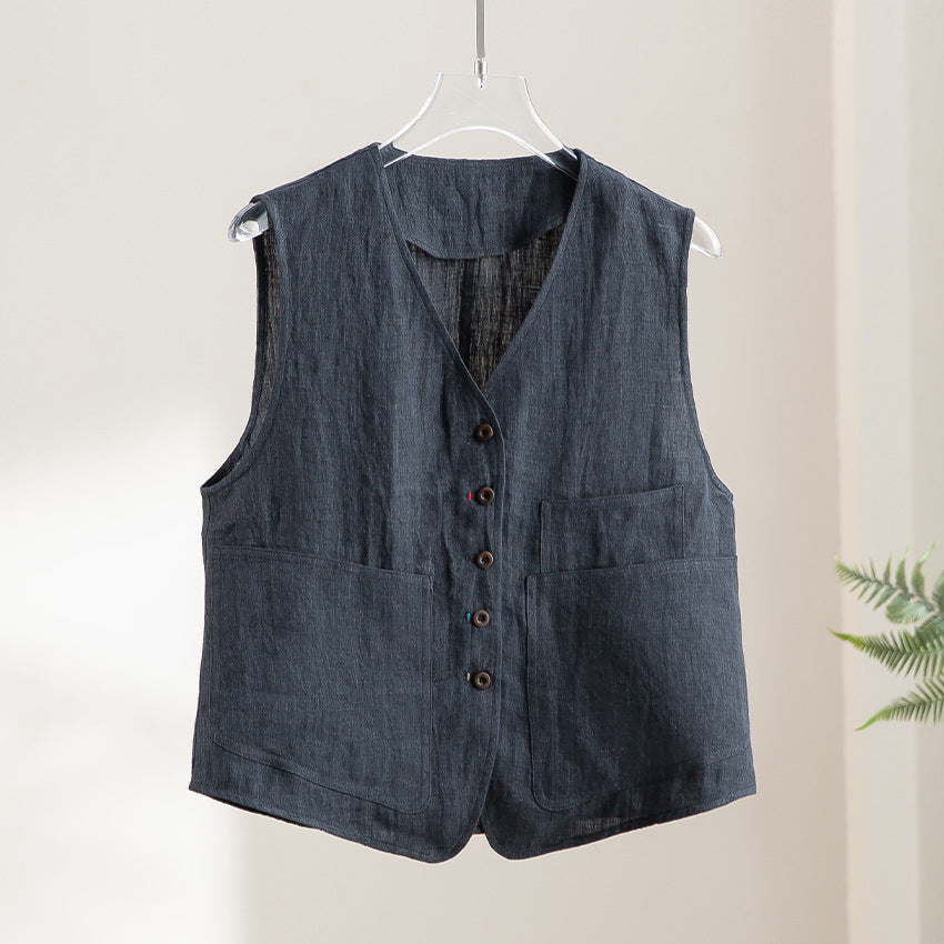 Damen Leinenweste mit V‑Ausschnitt, aufgesetzten Taschen und entspannter Passform Drune
