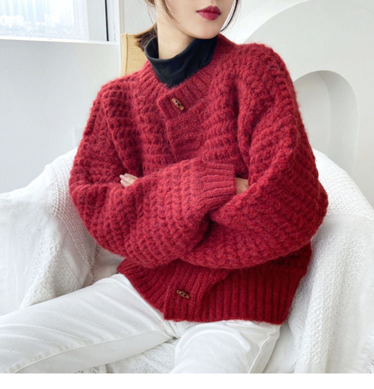 Damen Grobstrickpullover mit dekorativer Knopfleiste und wabenförmigem Muster Drune