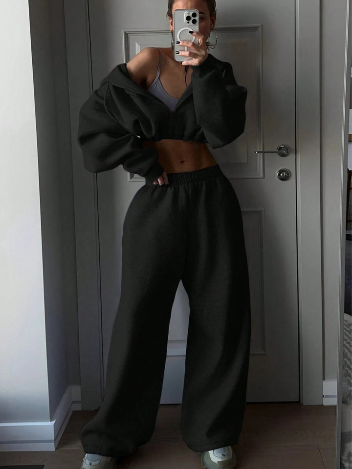 Damen athletisches Cropped-Zip-Hoodie und weite High-Waist Lounge-Jogginghose Drune