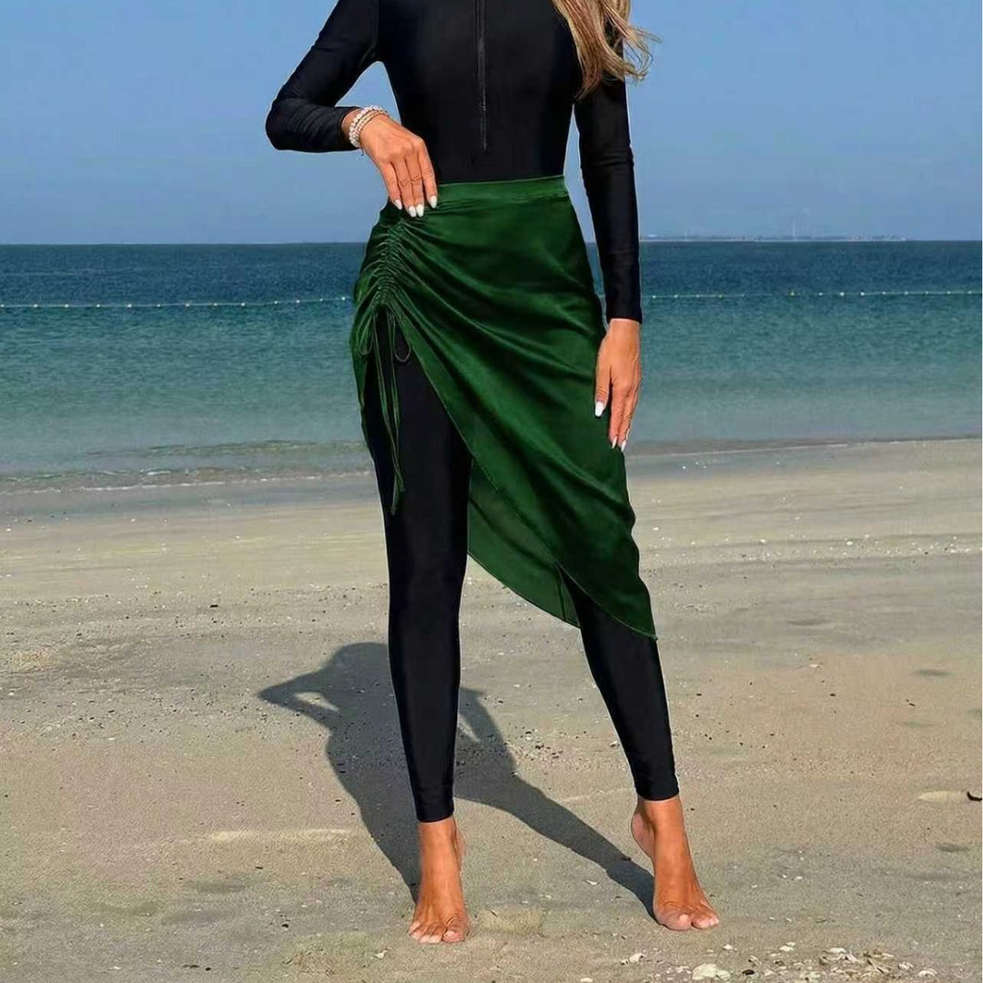 Damen sportlicher Langarm-Badeanzug mit Wickelrock Drune