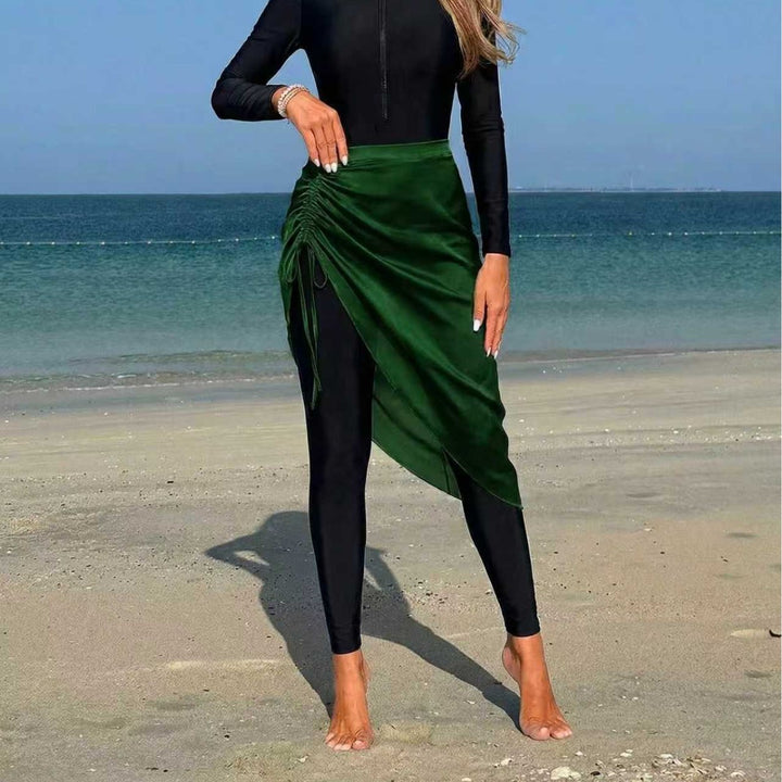 Damen sportlicher Langarm-Badeanzug mit Wickelrock Drune