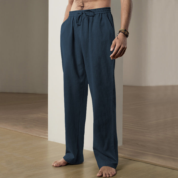 Herren nan weiche Leinen-Baumwoll Loungehose mit elastischem Tunnelzugbund, Seitentaschen und entspanntem geradem Bein Drune