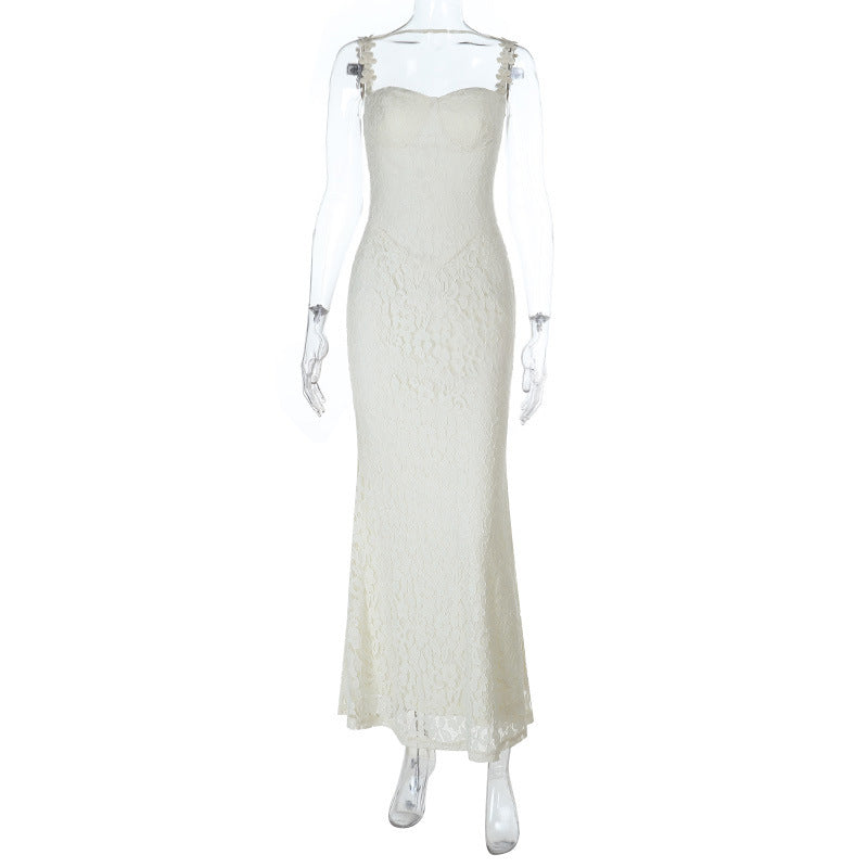 Damen elegantes Maxikleid mit Spitze und verführerischem Herzausschnitt Drune