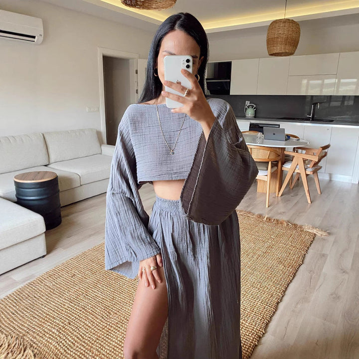 Damen luftiges Set aus cropped Oberteil und hoch geschnittenem Rock Drune