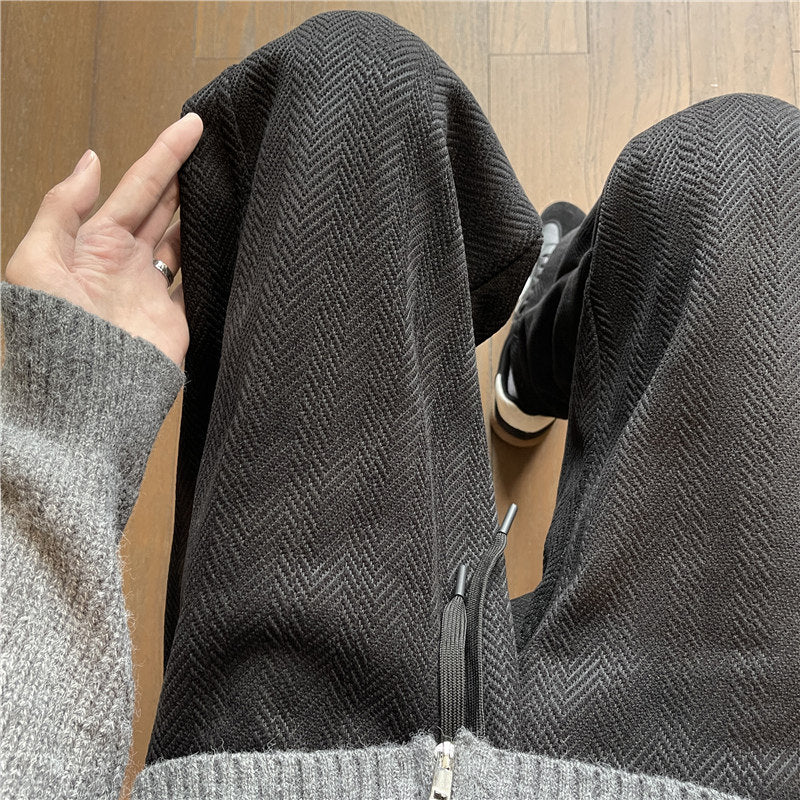 Herren Weit geschnittene Loungehose mit Fischgrätstruktur, elastischem Bund und Tunnelzug Drune